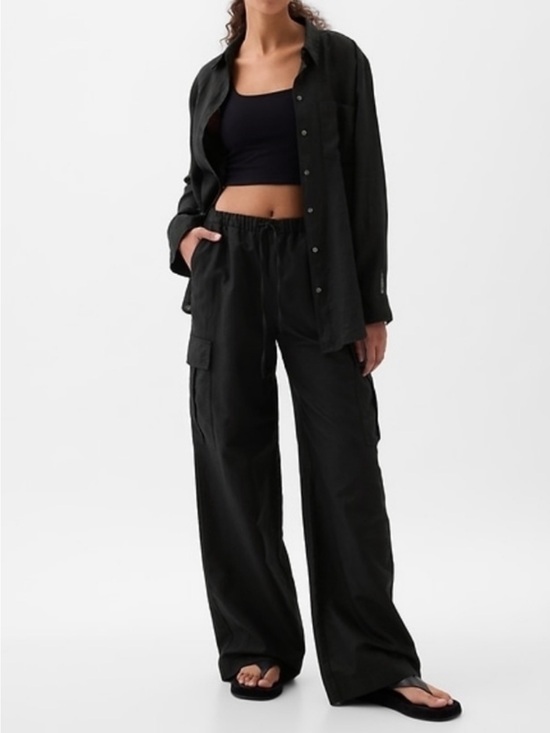 GAP Pants - Gap Black Linen Drawstring Wide Leg Pants Size M